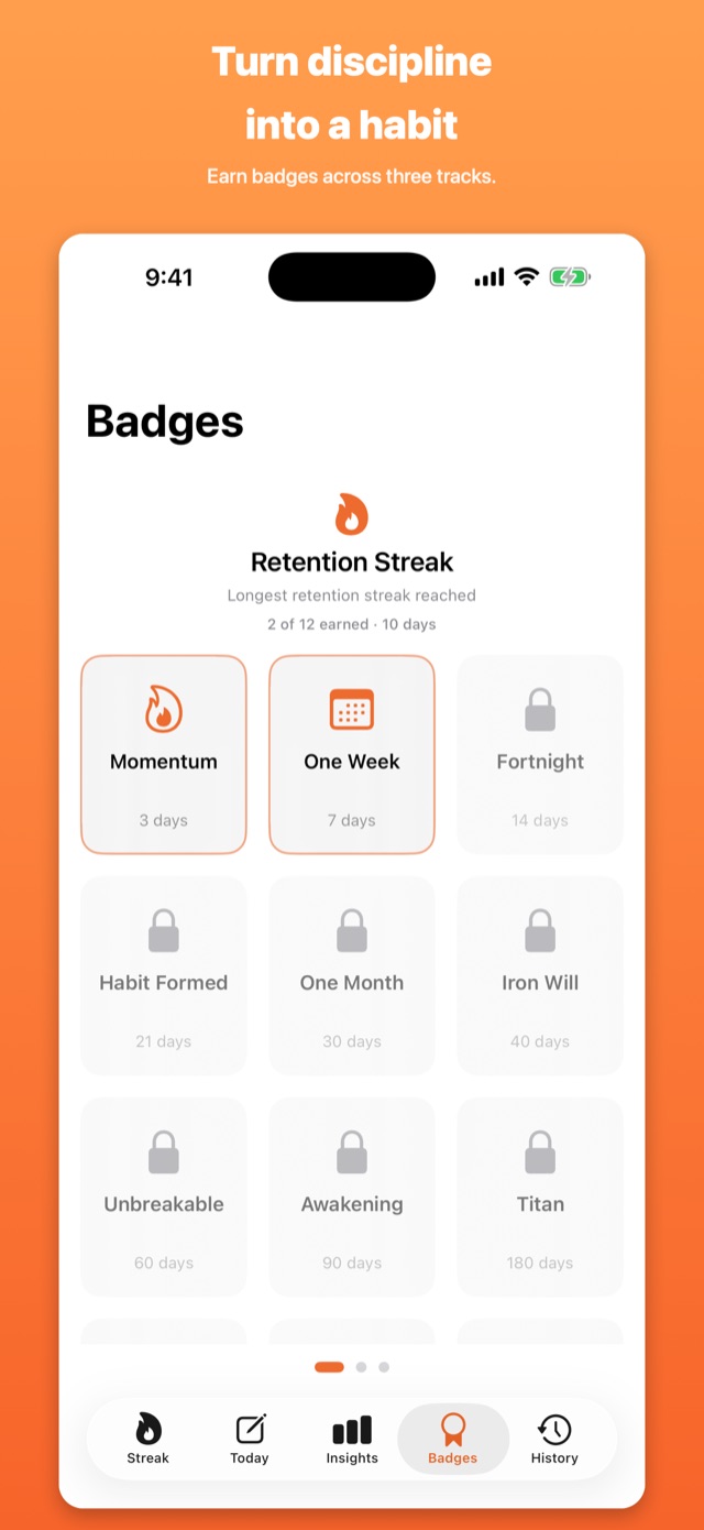Badges earned across three tracks turn discipline into a habit