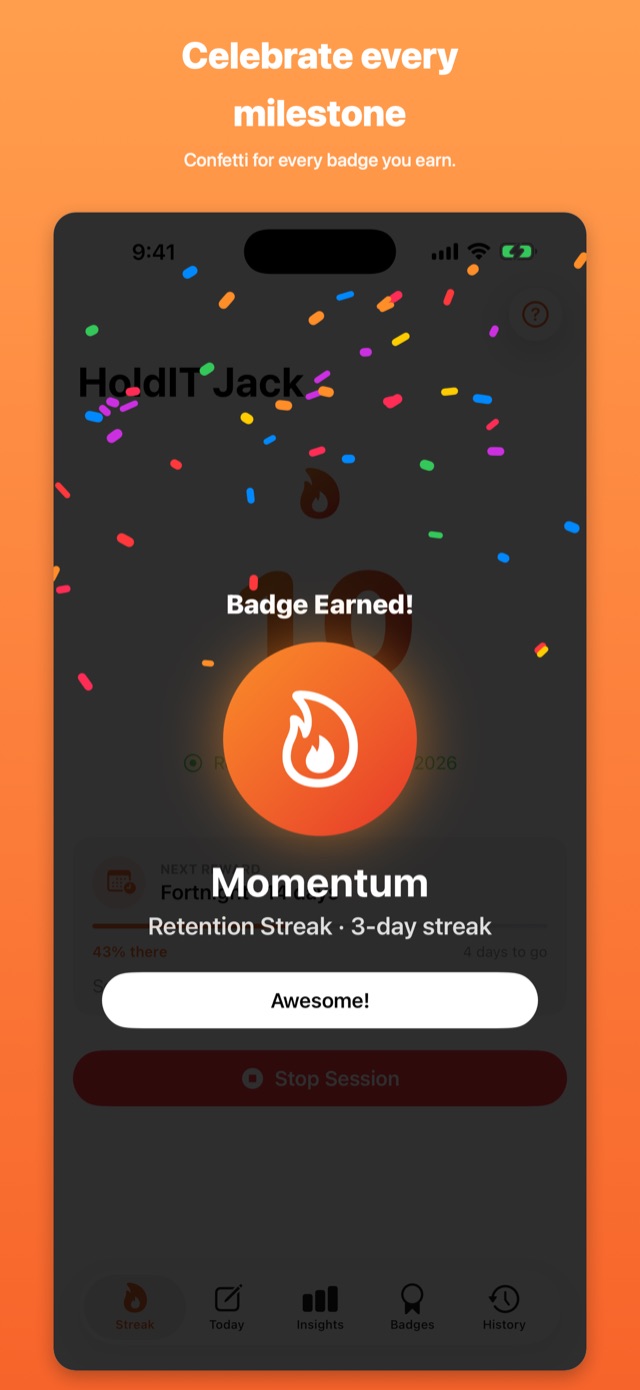 Milestone celebration with confetti for every badge earned