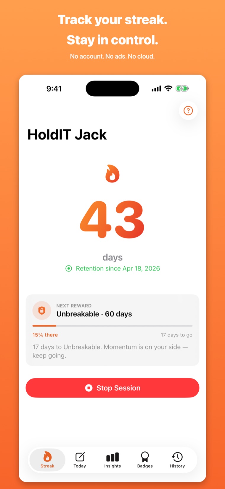 HoldIT Jack streak screen showing the current day count